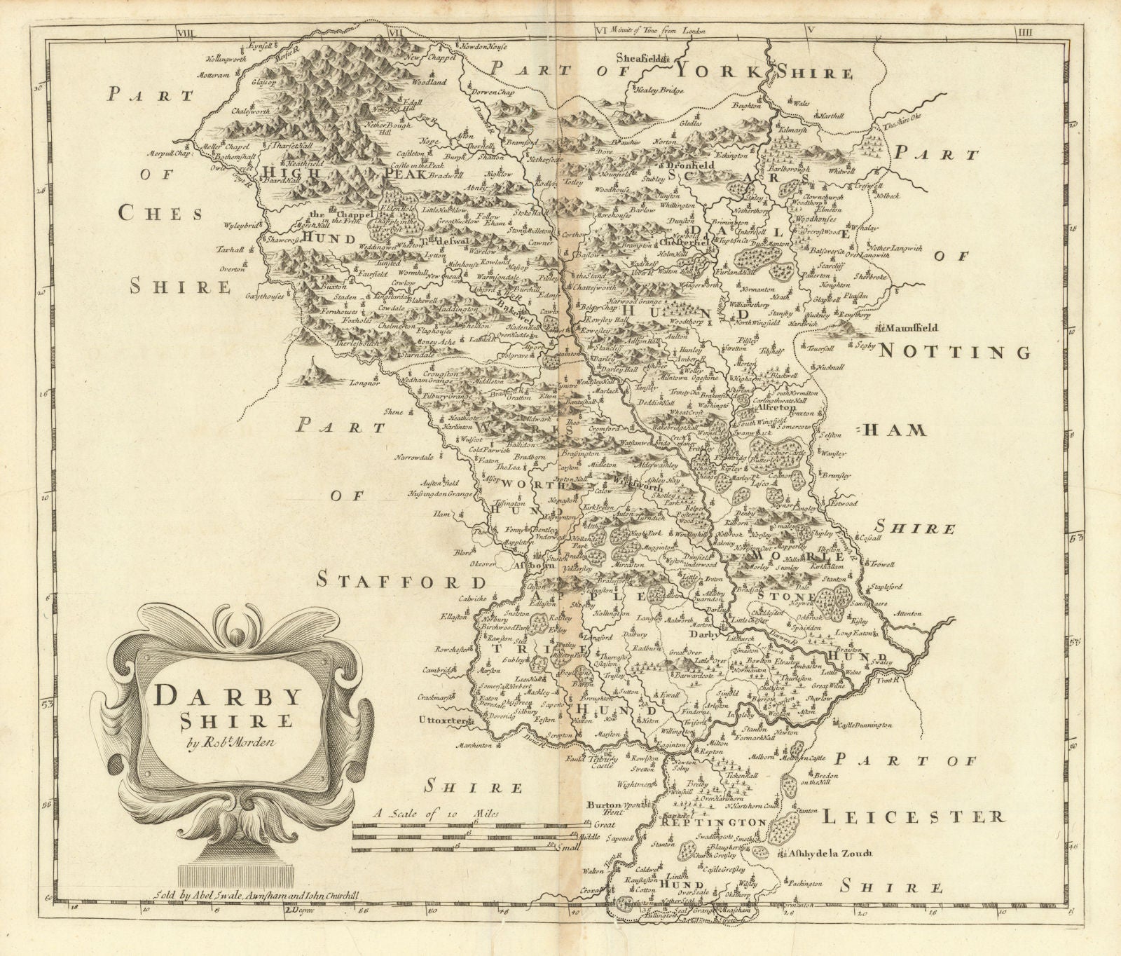 Derbyshire. 'DARBY SHIRE' by ROBERT MORDEN. Shows Peak District 1695 old map